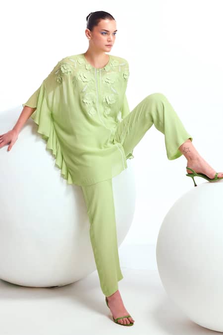 Buy_Namrata Joshipura_Green Textured Georgette Embroidery Floral Applique Dahlia Top And Pant Set