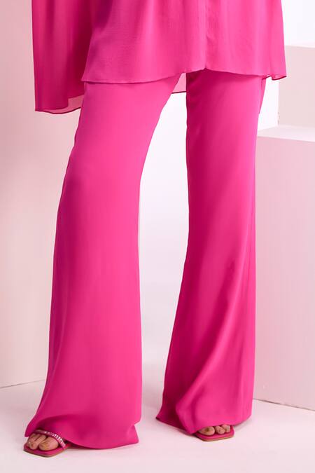 Namrata Joshipura_Fuchsia Textured Georgette Embroidery Thread Hibiscus Gathered Top And Pant Set_Online_at_Aza_Fashions