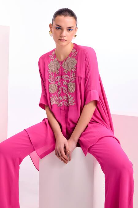 Shop_Namrata Joshipura_Fuchsia Textured Georgette Embroidery Thread Hibiscus Gathered Top And Pant Set_Online_at_Aza_Fashions