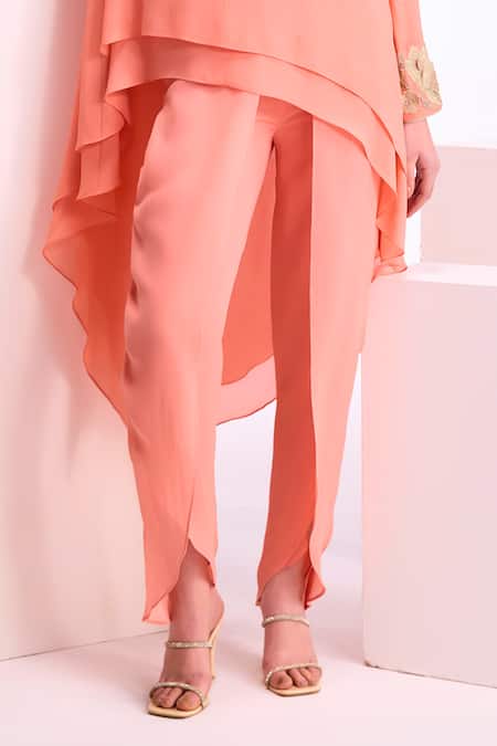 Namrata Joshipura_Peach Textured Georgette Embroidery Floral Dahlia Layered Top And Pant Set_Online_at_Aza_Fashions