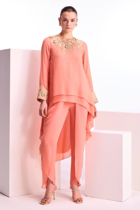 Buy_Namrata Joshipura_Peach Textured Georgette Embroidery Floral Dahlia Layered Top And Pant Set_Online_at_Aza_Fashions