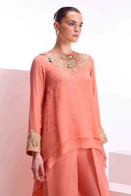 Shop_Namrata Joshipura_Peach Textured Georgette Embroidery Floral Dahlia Layered Top And Pant Set_Online_at_Aza_Fashions