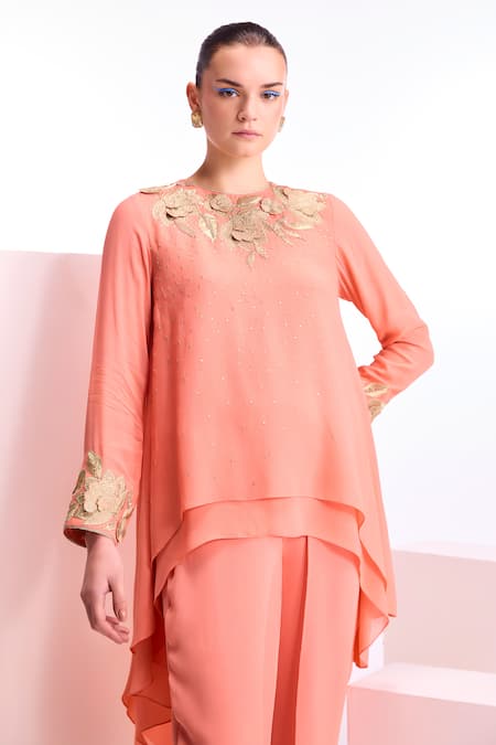 Namrata Joshipura_Peach Textured Georgette Embroidery Floral Dahlia Layered Top And Pant Set_at_Aza_Fashions