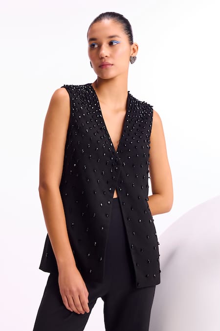 Buy Namrata Joshipura Black Jersey Crystals Plunge Neck Embellished Top And Pant Set Buy_Namrata Joshipura_Black Jersey Crystals Plunge Neck Embellished Top And Pant Set