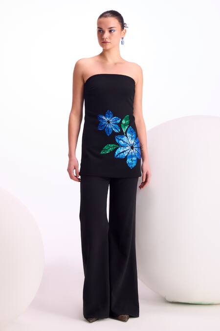 Namrata Joshipura_Black Jersey Sequins Open Neck Nova Work Top And Pant Set _Online_at_Aza_Fashions