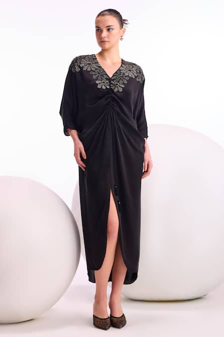 Buy_Namrata Joshipura_Black Studs V-neck Cosmos Floral Neckline Embellished Dress _Online_at_Aza_Fashions