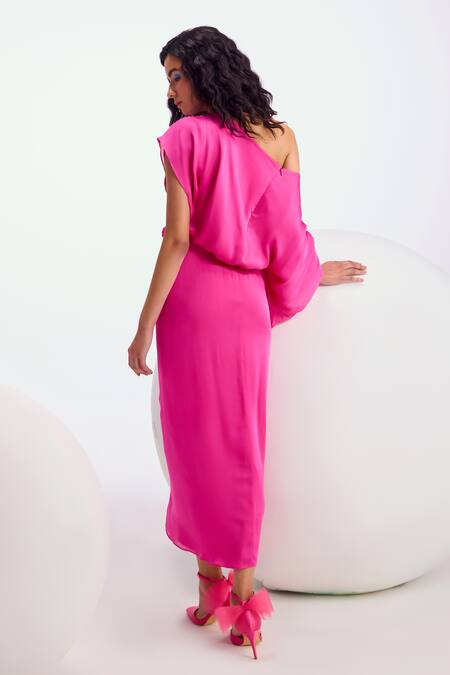 Shop Namrata Joshipura Fuchsia Viscose Satin Embroidery Sequin Asymmetric Fern Neckline Dress at Aza Fashions Shop_Namrata Joshipura_Fuchsia Viscose Satin Embroidery Sequin Asymmetric Fern Neckline Dress_at_Aza_Fashions