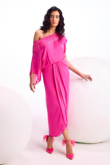 Namrata Joshipura Fuchsia Viscose Satin Embroidery Sequin Asymmetric Fern Neckline Dress Online at Aza Fashions Namrata Joshipura_Fuchsia Viscose Satin Embroidery Sequin Asymmetric Fern Neckline Dress_Online_at_Aza_Fashions