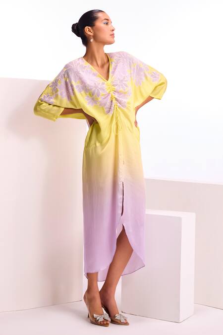 Namrata Joshipura_Yellow Cupro Satin Embellished Bead V Neck Cerelia Draped Dress_Online_at_Aza_Fashions