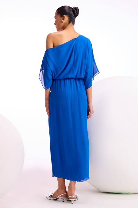 Shop Namrata Joshipura Blue Textured Georgette Embroidery Floral Applique Asymmetric Nigella Dress at Aza Fashions Shop_Namrata Joshipura_Blue Textured Georgette Embroidery Floral Applique Asymmetric Nigella Dress_at_Aza_Fashions