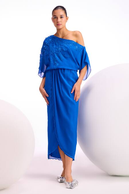 Namrata Joshipura Blue Textured Georgette Embroidery Floral Applique Asymmetric Nigella Dress Online at Aza Fashions Namrata Joshipura_Blue Textured Georgette Embroidery Floral Applique Asymmetric Nigella Dress_Online_at_Aza_Fashions