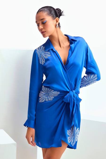 Shop_Namrata Joshipura_Blue Cupro Satin Embellished Bead Collar Arabella Floral Dress_Online_at_Aza_Fashions