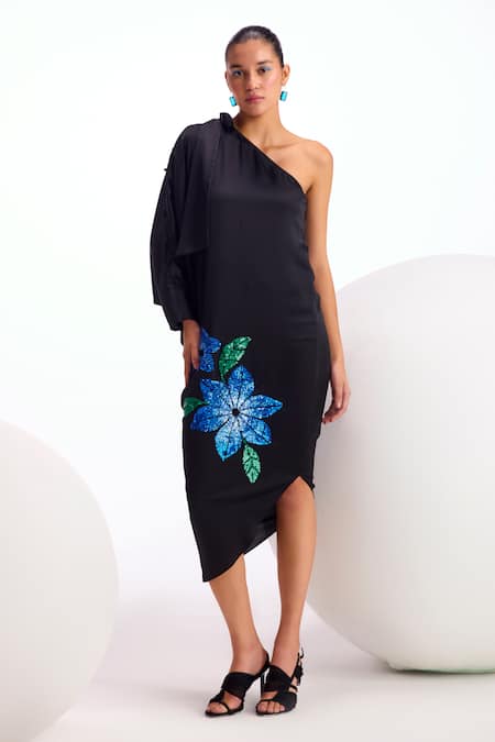 Namrata Joshipura Black Satin Sequins Asymmetric Nova Placement Embroidered Draped Dress Online at Aza Fashions Namrata Joshipura_Black Satin Sequins Asymmetric Nova Placement Embroidered Draped Dress _Online_at_Aza_Fashions