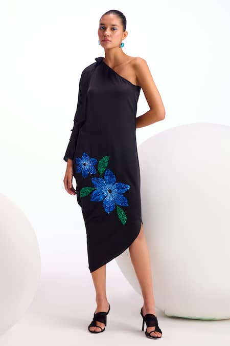 Buy Namrata Joshipura Black Satin Sequins Asymmetric Nova Placement Embroidered Draped Dress Online at Aza Fashions Buy_Namrata Joshipura_Black Satin Sequins Asymmetric Nova Placement Embroidered Draped Dress _Online_at_Aza_Fashions