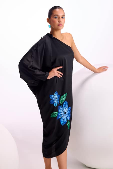 Namrata Joshipura Black Satin Sequins Asymmetric Nova Placement Embroidered Draped Dress at Aza Fashions Namrata Joshipura_Black Satin Sequins Asymmetric Nova Placement Embroidered Draped Dress _at_Aza_Fashions