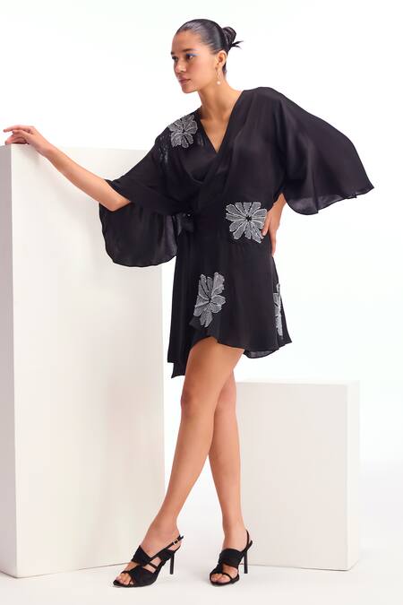 Namrata Joshipura_Black Cupro Satin Embellished Metallic Stud V Neck Alder Floral Wrap Dress_Online_at_Aza_Fashions