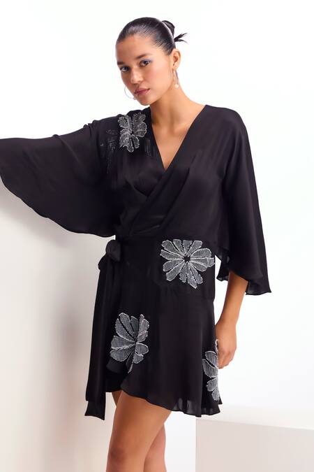 Buy_Namrata Joshipura_Black Cupro Satin Embellished Metallic Stud V Neck Alder Floral Wrap Dress_Online_at_Aza_Fashions