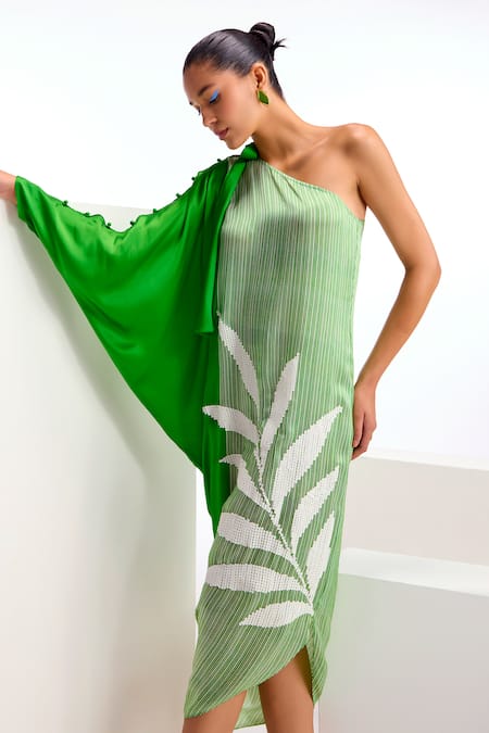 Buy_Namrata Joshipura_Green Cupro Satin Embroidery Stripe Asymmetric Seinna Pattern Dress_Online_at_Aza_Fashions