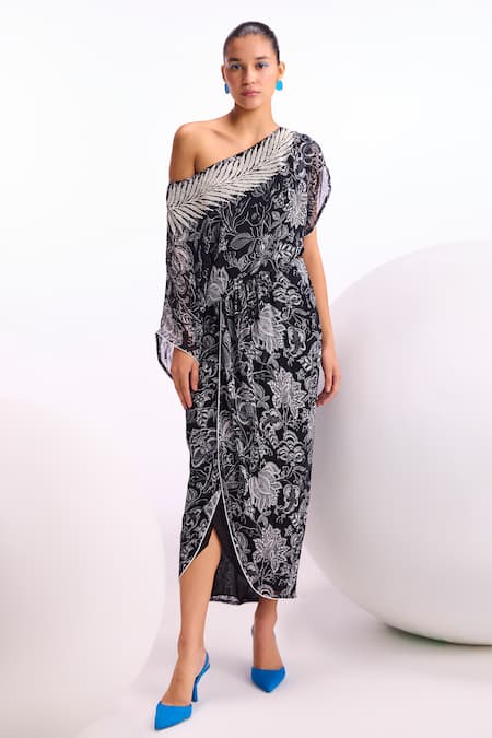 Namrata Joshipura Black Georgette Printed Floral Asymmetric Cerellia Dress 