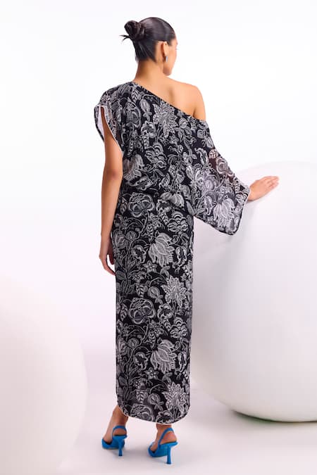 Namrata Joshipura_Black Georgette Embroidery, Beads Asymmetric Cerellia Floral Print Dress _Online_at_Aza_Fashions