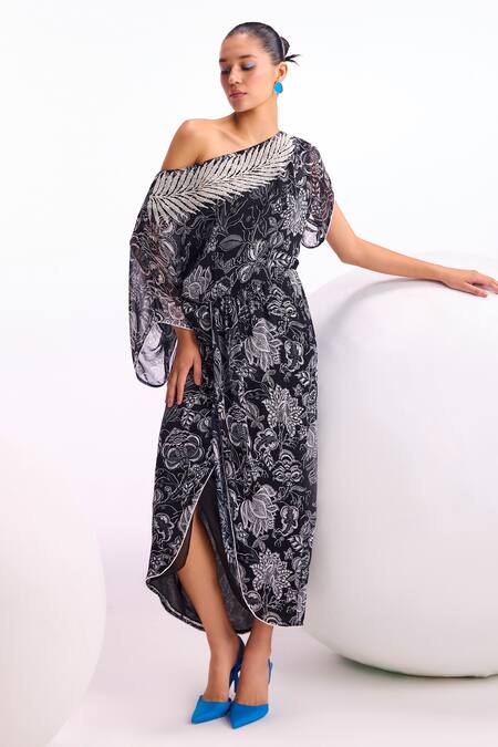 Shop_Namrata Joshipura_Black Georgette Embroidery, Beads Asymmetric Cerellia Floral Print Dress _Online_at_Aza_Fashions