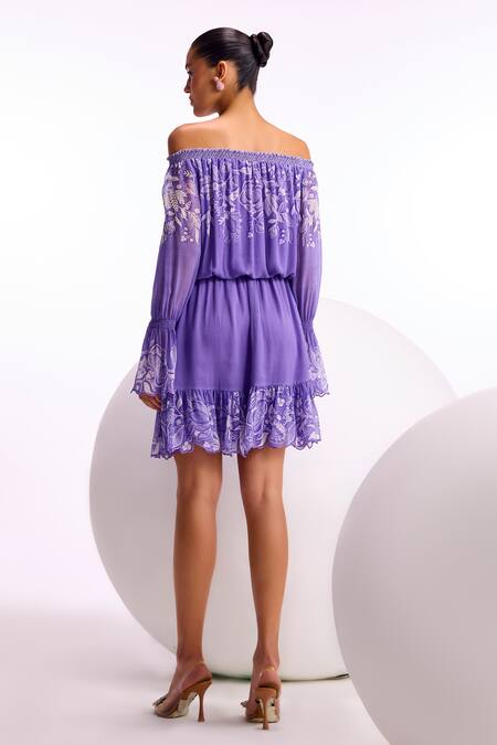 Shop Namrata Joshipura Purple Georgette Printed Floral Straight Neck Cerelia Pearl Embellished Dress at Aza Fashions Shop_Namrata Joshipura_Purple Georgette Printed Floral Straight Neck Cerelia Pearl Embellished Dress_at_Aza_Fashions