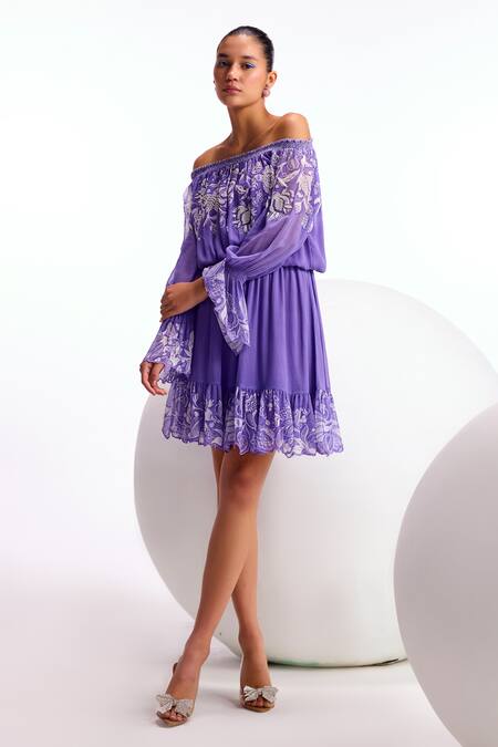 Buy Namrata Joshipura Purple Georgette Printed Floral Straight Neck Cerelia Pearl Embellished Dress Online at Aza Fashions Buy_Namrata Joshipura_Purple Georgette Printed Floral Straight Neck Cerelia Pearl Embellished Dress_Online_at_Aza_Fashions