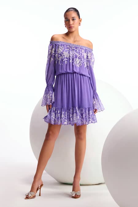 Shop Namrata Joshipura Purple Georgette Printed Floral Straight Neck Cerelia Pearl Embellished Dress Online at Aza Fashions Shop_Namrata Joshipura_Purple Georgette Printed Floral Straight Neck Cerelia Pearl Embellished Dress_Online_at_Aza_Fashions