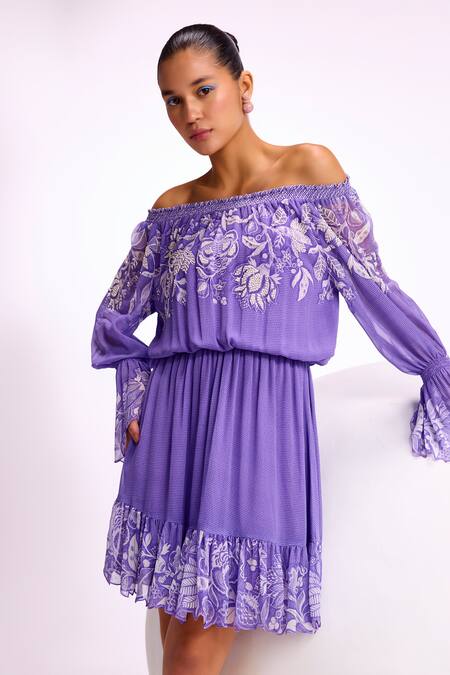 Namrata Joshipura Purple Georgette Printed Floral Straight Neck Cerelia Pearl Embellished Dress at Aza Fashions Namrata Joshipura_Purple Georgette Printed Floral Straight Neck Cerelia Pearl Embellished Dress_at_Aza_Fashions