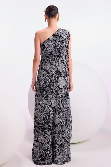 Shop Namrata Joshipura Black Georgette Pearls One Shoulder Cerelia Fern Print Jumpsuit at Aza Fashions Shop_Namrata Joshipura_Black Georgette Pearls One Shoulder Cerelia Fern Print Jumpsuit _at_Aza_Fashions