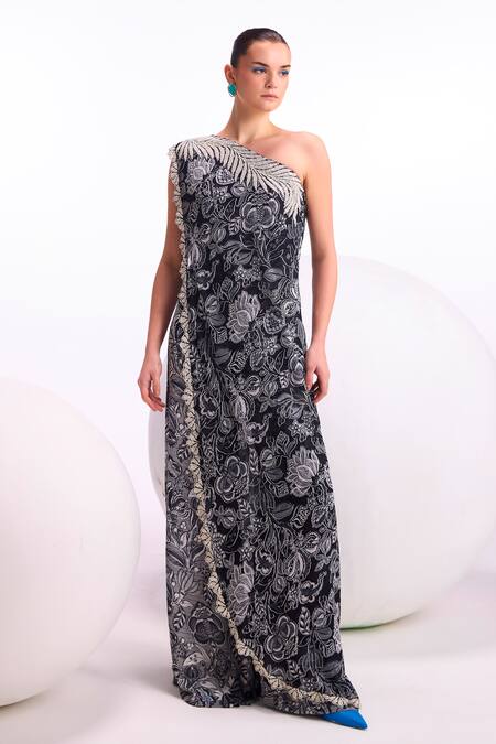 Namrata Joshipura Black Georgette Pearls One Shoulder Cerelia Fern Print Jumpsuit Online at Aza Fashions Namrata Joshipura_Black Georgette Pearls One Shoulder Cerelia Fern Print Jumpsuit _Online_at_Aza_Fashions