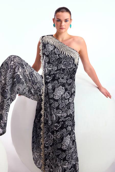 Buy Namrata Joshipura Black Georgette Pearls One Shoulder Cerelia Fern Print Jumpsuit Online at Aza Fashions Buy_Namrata Joshipura_Black Georgette Pearls One Shoulder Cerelia Fern Print Jumpsuit _Online_at_Aza_Fashions