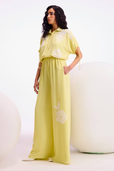 Namrata Joshipura Yellow Textured Crepe Embellished Bead Collar Opal Jumpsuit Online at Aza Fashions Namrata Joshipura_Yellow Textured Crepe Embellished Bead Collar Opal Jumpsuit_Online_at_Aza_Fashions