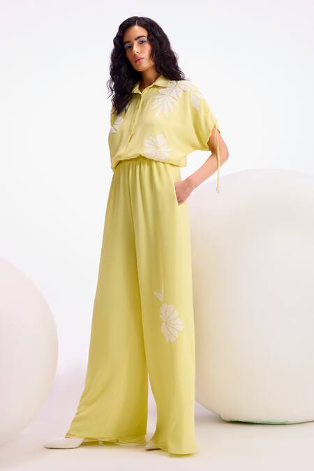 Buy Namrata Joshipura Yellow Textured Crepe Embellished Bead Collar Opal Jumpsuit Online at Aza Fashions Buy_Namrata Joshipura_Yellow Textured Crepe Embellished Bead Collar Opal Jumpsuit_Online_at_Aza_Fashions