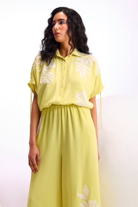 Shop Namrata Joshipura Yellow Textured Crepe Embellished Bead Collar Opal Jumpsuit Online at Aza Fashions Shop_Namrata Joshipura_Yellow Textured Crepe Embellished Bead Collar Opal Jumpsuit_Online_at_Aza_Fashions