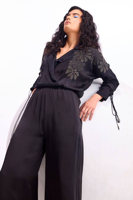 Namrata Joshipura_Black Cupro Satin Embellished Metallic Stud Collar Cosmos Jumpsuit_Online_at_Aza_Fashions