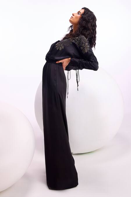 Shop_Namrata Joshipura_Black Cupro Satin Embellished Metallic Stud Collar Cosmos Jumpsuit_Online_at_Aza_Fashions