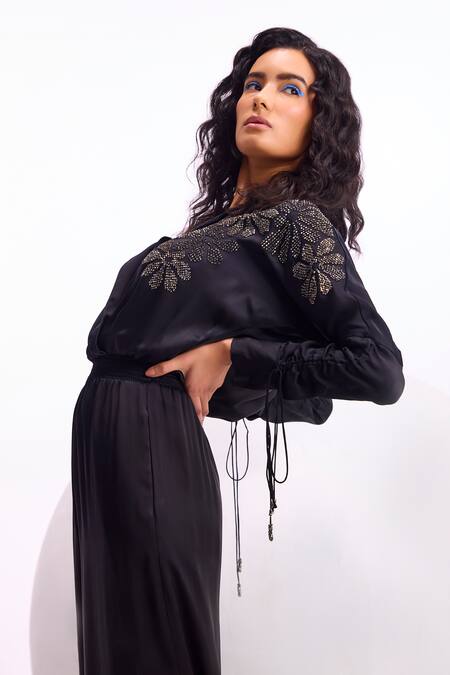 Namrata Joshipura_Black Cupro Satin Embellished Metallic Stud Collar Cosmos Jumpsuit_at_Aza_Fashions