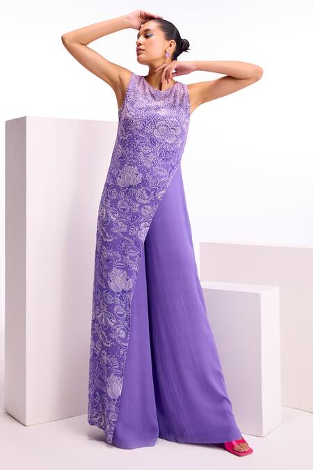 Namrata Joshipura_Purple Georgette Printed Floral Round Cerelia Overlap Jumpsuit_Online_at_Aza_Fashions