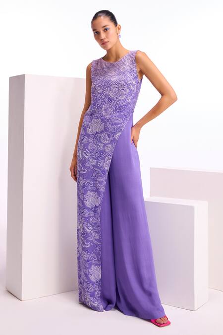Buy_Namrata Joshipura_Purple Georgette Printed Floral Round Cerelia Overlap Jumpsuit_Online_at_Aza_Fashions