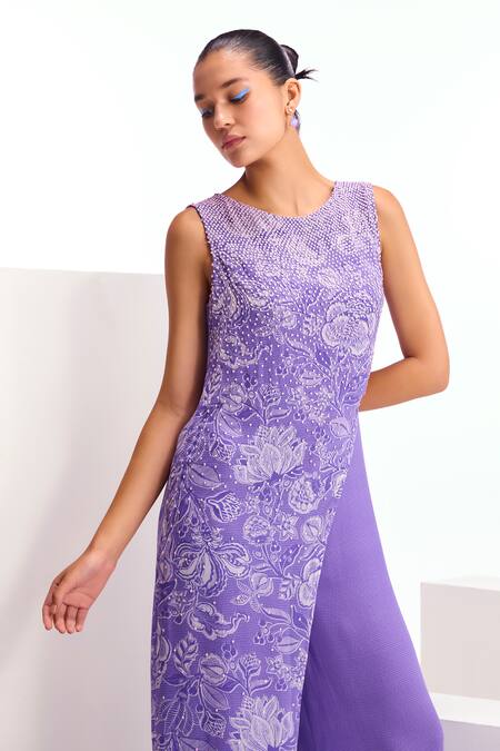 Shop_Namrata Joshipura_Purple Georgette Printed Floral Round Cerelia Overlap Jumpsuit_Online_at_Aza_Fashions