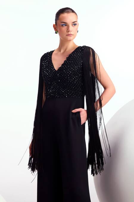 Namrata Joshipura Black Georgette Embellished Crystal V Neck Jumpsuit Online at Aza Fashions Namrata Joshipura_Black Georgette Embellished Crystal V Neck Jumpsuit_Online_at_Aza_Fashions