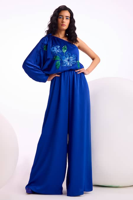 Namrata Joshipura Blue Satin Embroidery Sequin Asymmetric Nova One Shoulder Jumpsuit 