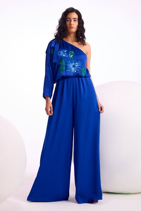 Buy_Namrata Joshipura_Blue Satin Embroidery Sequin Asymmetric Nova One Shoulder Jumpsuit_Online_at_Aza_Fashions