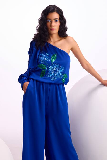 Shop_Namrata Joshipura_Blue Satin Embroidery Sequin Asymmetric Nova One Shoulder Jumpsuit_Online_at_Aza_Fashions