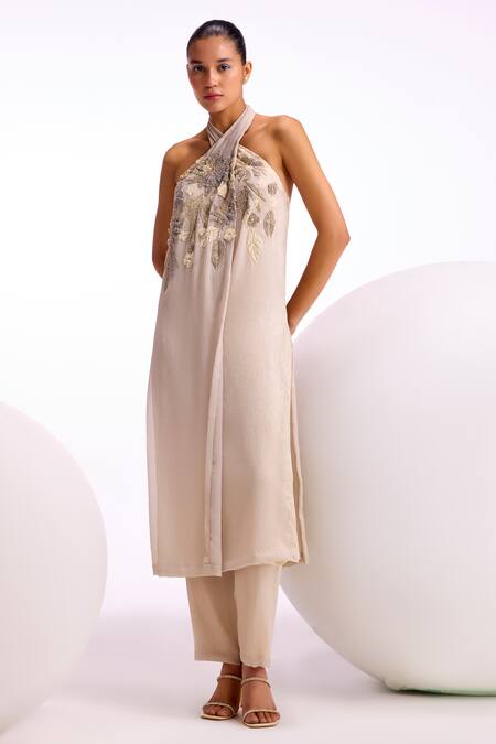 Namrata Joshipura_Cream Shimmer Chiffon Embroidery Sequin Halter Ophelia Work Long Top And Pant Set_Online_at_Aza_Fashions