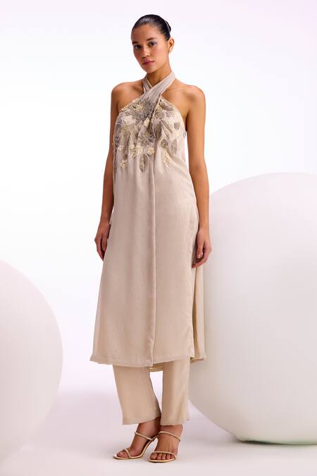 Shop_Namrata Joshipura_Cream Shimmer Chiffon Embroidery Sequin Halter Ophelia Work Long Top And Pant Set_Online_at_Aza_Fashions