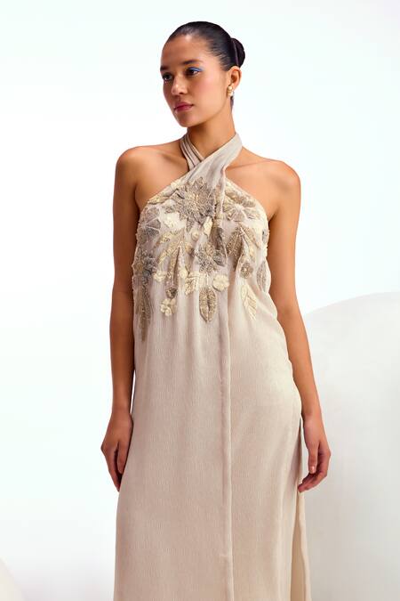 Namrata Joshipura_Cream Shimmer Chiffon Embroidery Sequin Halter Ophelia Work Long Top And Pant Set_at_Aza_Fashions