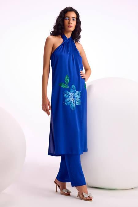 Namrata Joshipura_Blue Chiffon Sequins Halter Neck Nova Embroidered Long Top And Pant Set_Online_at_Aza_Fashions