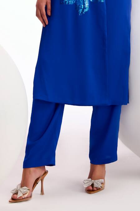 Buy_Namrata Joshipura_Blue Chiffon Sequins Halter Neck Nova Embroidered Long Top And Pant Set_Online_at_Aza_Fashions